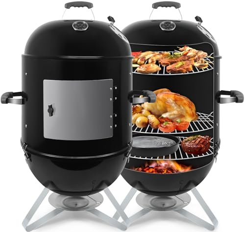 kisidus Holzkohlegrill xxl mit Deckel, Räuchertonne Kugelgrill mit Regulierbar Luftabzug und Thermometer, Watersmoker, groß Räuchergrill Campinggrill mit Aschefangschale für Picknick Garten Party