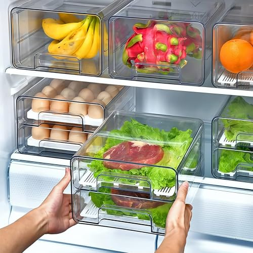Epzia 1 Stück Kühlschrank Organizer Schublade Doppelschichtige Stapelbar, Aufbewahrungsbox Kücheorganizer, Speisekammer Vorratsbehälter Durchsichtig Behälter für Kühlschrank, Küchen, Schränke