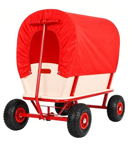 MONZANA® Bollerwagen Holz bis 180 kg mit Dach Luftreifen Stabil Robust Stahl Allround Handwagen Gartenwagen Strandwagen Leiterwagen Transportwagen Rot