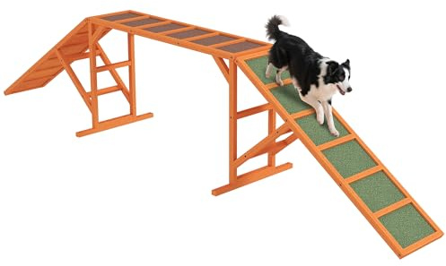 PawHut Hunde Agility Steg Agility-Ausrüstung für Hunde mit Sicherheitsstange Rutschfester Oberfläche wetterfest Agility-Gerät als Laufsteg & Trainingsequipment bis 40 kg für Garten 335x55x60cm Orange
