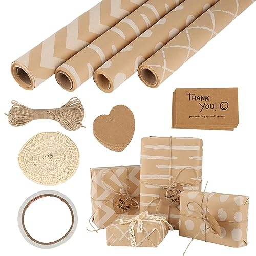 4 Geschenkpapier Rollen, 43x300cm - Set mit 1 Klebeband, 20m Hanfseil, Kraftpapieranhänger - Wrapping Paper, Packpapier, Kraftpapier für Geburtstag, Hochzeit & Geschenkverpackung