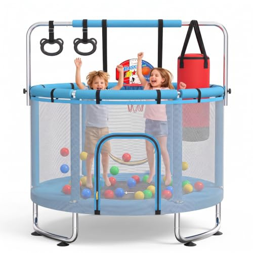 MaxBinTon Kindertrampolin 140cm mit Netz, Stange & Basketballkorb für Kinder 3–8 Jahre