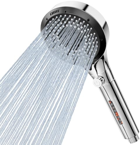 Vinabo Duschkopf mit Filter, Duschkopf Wassersparend 6 Strahlarten, Handbrause Dusche Mit Filterstein, Duschbrause Mit Wasserstopp-Taste (Silber/Chrom)