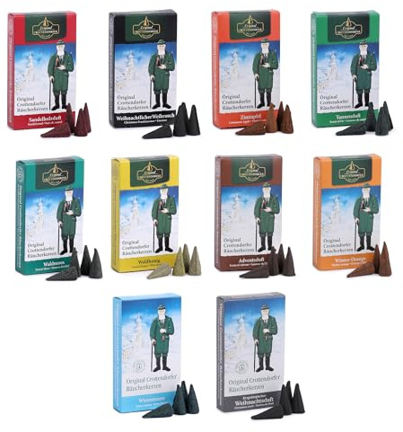 Crottendorfer Räucherkerzen 10er Pack (10 x 24 Stück) – Weihrauch, Tannenduft, Sandelholz, Zimtapfel & mehr – Höhe 2,7cm, Ø 1,2cm – Angenehmer Duft mit Circa 15 Min. Brenndauer pro Räucherkegel