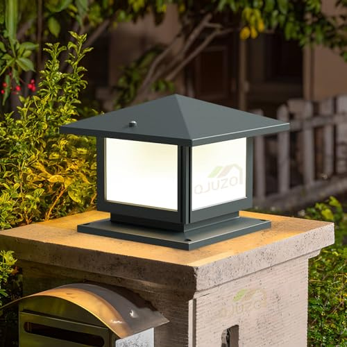 QJUZO Sockelleuchte Außen Laterne, 12W LED Pfostenleuchte Außenleuchte aus Aluminium, Grau Garten Pollerleuchte Wegeleucht in Antikem Look, E27-Fassung, max. 40 Watt, IP44