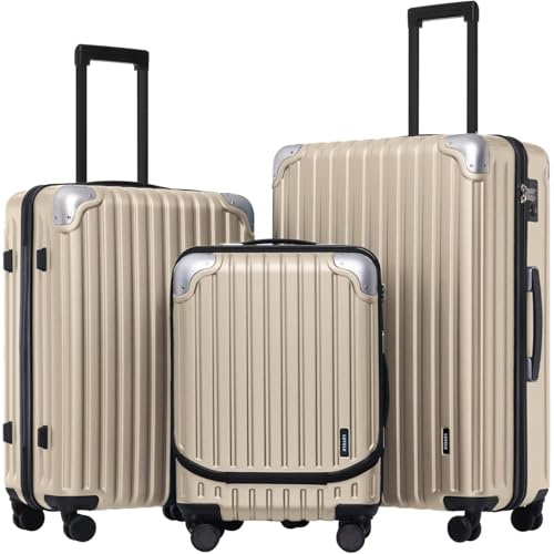 LEVEL8 Grace Luggage Sets Koffer Trolleys Leicht ABS+ PC Handgepäck Hartschalen-Koffer Trolley Rollkoffer Reisekoffer Erweiterbar, TSA, 4 Rollen, 55 cm, 36-42 Liter – Champagne