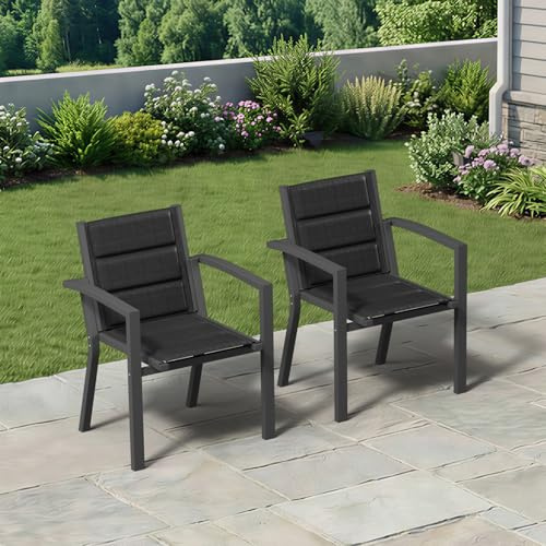 TRIUMPHKEY Gartenstühle Stapelbar, 2er Set Aluminium Gartenstuhl mit Armlehnen, Garten Stapelstühle, Balkonstühle, Garten Esszimmerstühle, Wetterfeste Terrassenstühle, Dunkelgrau