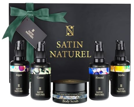 Satin Naturel Luxuriöses Geschenkset 5x30 ml | Skincare Set mit Bio Arganöl, Rizinusöl, Mandelöl, Jojobaöl & Body Scrub aus Salz vom Toten Meer, Luxus-Geschenkbox