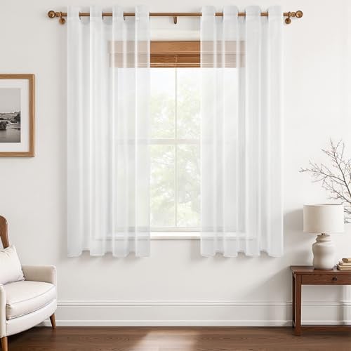 MRTREES Stores Gardinen Weiß Wohnzimmer Gardinen modern Schlaufenschal 2er Set 122×140cm (H×B) Vorhänge mit Ösen in Leinenoptik halbtransparent Schals Vorhang kurz