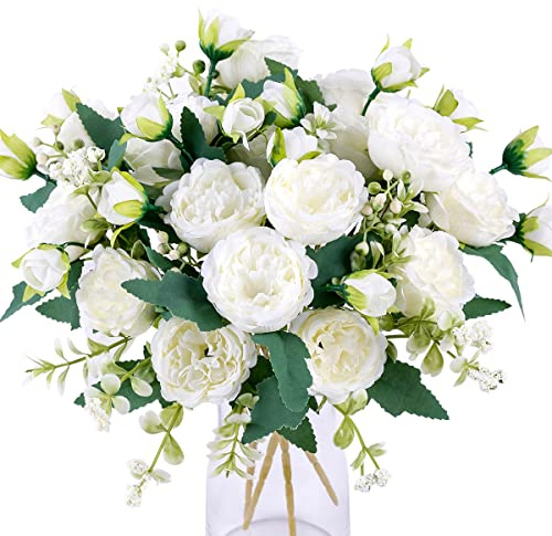 Floweroyal 4 Bündel Kunstblumen Pfingstrose Künstliche Blumen Weiße Blumen Seidenpfingstrosen Blumensträuße für Hochzeit Partei Tischaufsätze Blumenarrangement Heim Küche Dekor