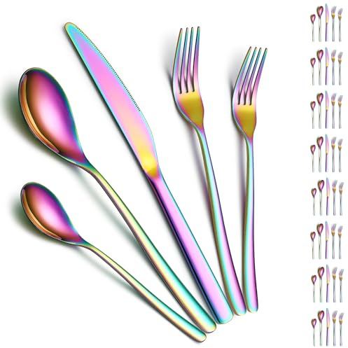 Silberbesteck 40 Teile, Service für 8, ReaNea Regenbogenbesteck, Titanbeschichtung, Besteck mit Messern, Löffeln, Gabeln, Teelöffeln, Salatgabeln, spülmaschinenfest