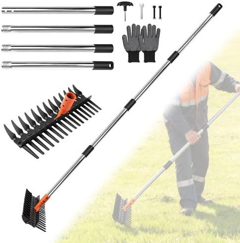 MIGUBIGU Rasenharke Metall, Rasenrechen mit Stiel, Rechen Garten, Vertikutierer Rechen Einstellbare Länge 75cm/110cm/145cm, Vertikutierrechen zum Entfernen von Laub, Unkraut und zum Auflockern Bodens