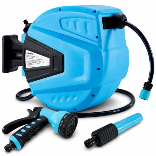 Arebos Schlauchaufroller 30m | Schlauchtrommel Wandschlauchbox | Blau | Wandhalterung | Gartenschlauch Automatischer Aufrollmechanismus & Arretierstop | 9 Sprühfunktionen 180° Schwenkbar