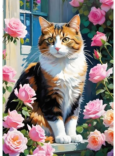 DPHERO DIY Calico-Katze Diamant Painting Kits Bilder für Erwachsene Anfänger,5D Garten Diamond Painting Set,DIY Runde Steine Rosenblüten Diamant Kunst Kits, Diamond Art für Zuhause Dekor 30x40 cm