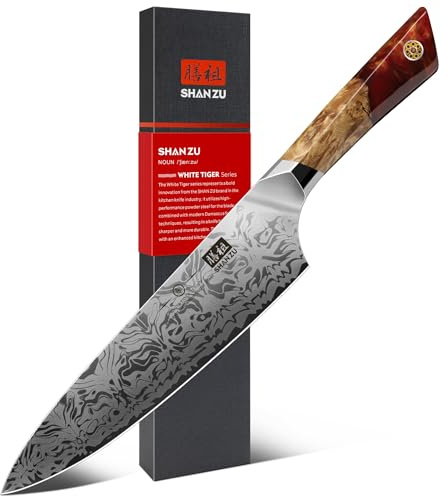 SHAN ZU Damast Küchenmesser Kochmesser, Damastmesser aus SG2-Pulverstahl, Handgeschmiedetes Chefmesser aus 91 Schichten Damaststahl, 20CM Profi messer und Ahorngriff – WHITE TIGER Series