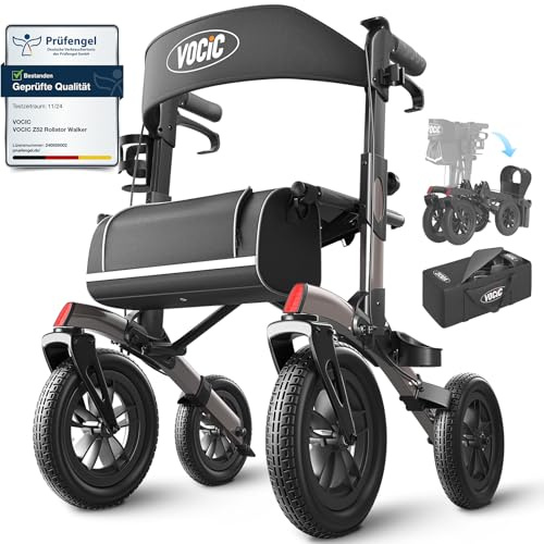 VOCIC Z52 Outdoor Rollator 2-fach faltbar und leicht mit Sitz All Terrain | 30CM Vollgummi Reifen Pannensicher wartungsfrei Nur 9,4kg Alu höhenverstellbar Ideal für Waldwege Gras Strand, Grau