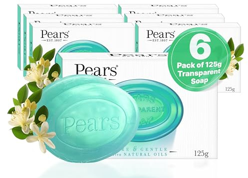 Pears Pure & Gentle Transparente Seifenstücke mit natürlichen Ölen - Erfrischende Reinigung, Tägliche Anwendung für Gesicht & Körper, Alle Hauttypen, Männer & Frauen - 6er Pack, 125g