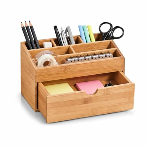 hausleben Schreibtisch Organizer aus Bambus mit Schublade – 6 Fächer Stiftehalter & Büro Organizer, Schreibtischablage für Büro & Home Office, 24,5 x 13 x 15 cm