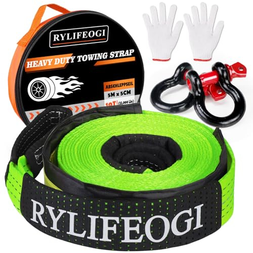 RYLIFEOGI Abschleppseil 10 Tonnen (22,000Lbs), 5mx5cm Heavy Duty Tow Strap | mit 2 Verstärkten Haken 2 Handschuhen für Off-Road Fahrzeuge (Grün)