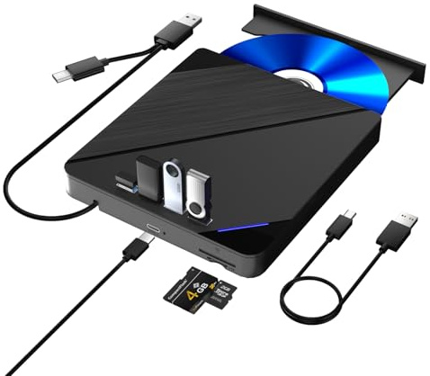 Externes Blu-ray-Laufwerk, 7-in-1, unterstützt 100G Discs, USB 3.0/Type-C Blu-ray-Laufwerk, BD/DVD/CD Brenner mit 4 USB-Anschlüssen, SD/TF-Kartensteckplatz, kompatibel mit Windows, Linux, macOS