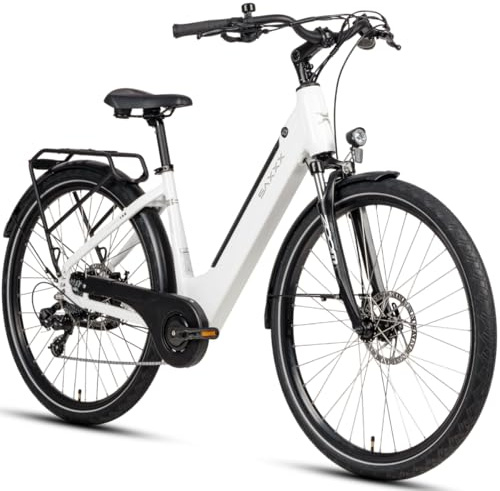 SAXXX E Bike mit 36V 13Ah Akku, Ebike 28 Zoll mit Scheibenbremse, 7 Gang Kettenschaltung Elektro Fahrrad Erwachsene mit Federgabel, Gepäckträger, Pedelec für Damen/Frauen Herren/Männer