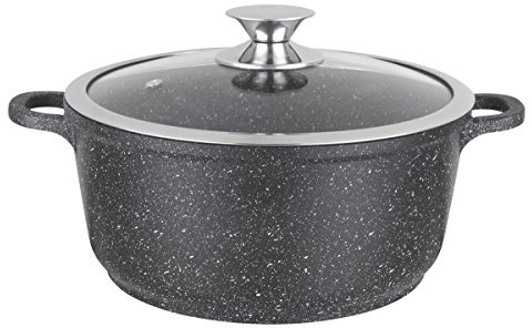 Kamberg – 0008033 – Kochtopf 28 cm – Aluminiumguss – Beschichtung in Steinoptik – Mit Glasdeckel – Für alle Herdarten, auch Induktion – PFOA‑frei, 28 x 28 x 12,5 cm, Schwarz