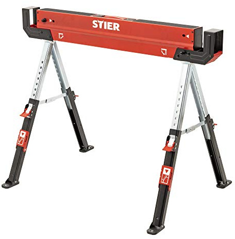 STIER Falt-Arbeitsbock Sägebock höhenverstellbar 590 kg, rutschfester Stand und Arbeits-Oberfläche, Klappbock, Arbeits-Unterstellbock, Sägebock, Metallbock, Tischbock klappbar