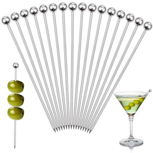 32 x Cocktailspieße, wiederverwendbare Edelstahl-Zahnstocher, Martini-Olivenspieße, verbesserte Metallspieße, Garnierstäbchen
