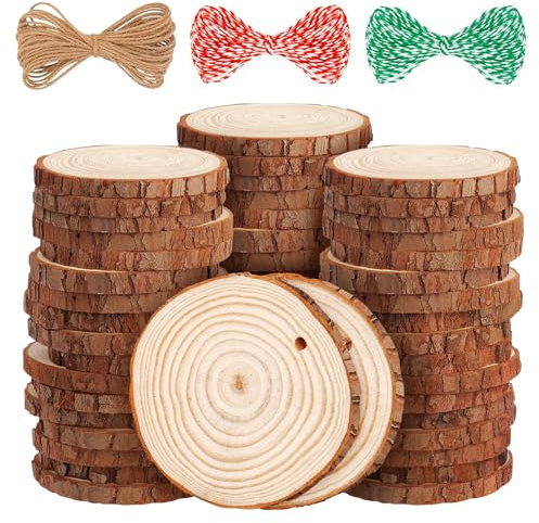LOOFORE Holzscheiben, 6-7cm Durchmesser mit 3 Seilen, 54 Stücke | Baumscheiben Rund zum Basteln, Runde Holzscheibe Untersetzer Holz Log, Kiefernholz Astscheiben Baumstamm Deko, Hochzeit, DIY