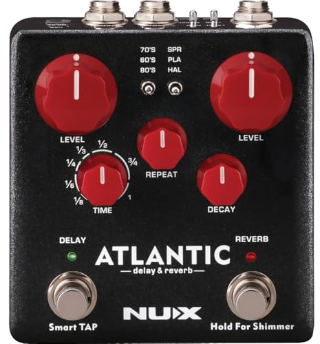 Nux NDR-5 Atlantic Delay und Reverb Pedal, Core Image Technology (Smart-TAP-Funktion, 3 Delay-Effekte, TRS-Eingang, Stereo-Ausgang, USB-Anschluss für Firmware-Updates, 9 V DC Netzteil), Schwarz