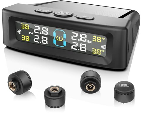 Avutrel Reifendruckkontrollsystem TPMS 0-5bar Solar USB Charging Reifendrucküberwachung, Digitalanzeige mit 4 Externen Reifendrucksensor 4 Alarmmodi, Echtzeitdruckanzeige für Auto Wohnmobilen