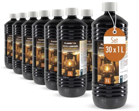 Höfer Chemie 30 x 1 L FLAMBIOL® Lampenöl hochrein geeignet für Öl-Lampen | Petroleum Lampen, Gartenfackeln & Sturmlaternen - Geruchlos, Rußfrei & mit Kindersicherheitsverschluß