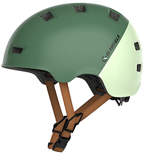 GLAMVILLA Skaterhelm Fahrradhelm Ultraleicht Stadthelm für Kinder/Damen/Herren,Verstellbar Unisex Schutzhelm für Skateboard E-Scooter Roller BMX,nur 260g/270/280g (Dunkelgrün mit Hellgrün, M(54-57cm))