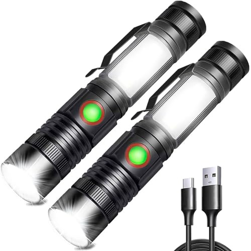 REHKITTZ LED Taschenlampe Extrem Hell 2000 Lumen, 2500 mAh Hochkapazitative Wiederaufladbare Multifunktions Taschenformat Taschenlampe mit Magnet und COB Arbeitsleuchte,Zoombar Handlampe(2 Stück)