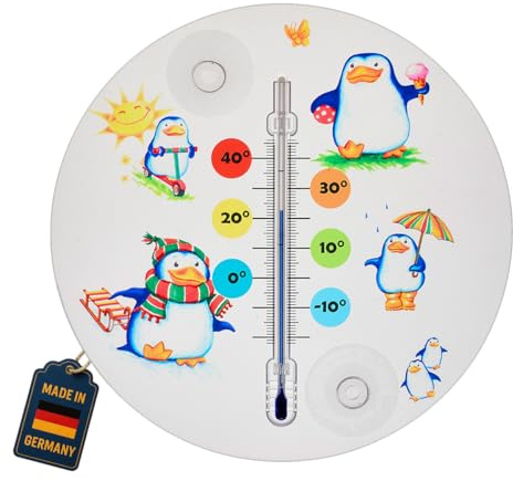 TFA Dostmann Pinguin Analoges Fensterthermometer, 14.6016, bunt | ideal fürs Kinderzimmer, leichte Montage mit Saugnäpfen, Temperatur messen, Wetter erklären, deutsches Familienunternehmen