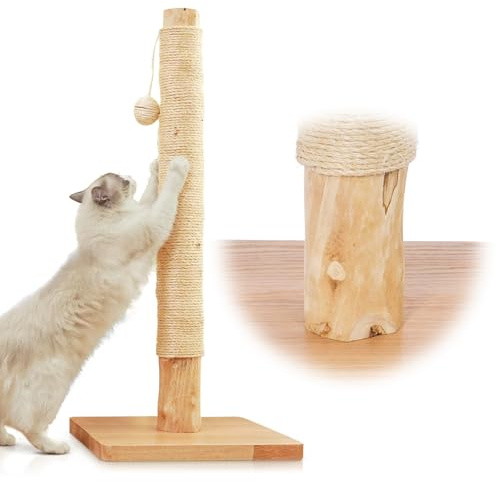 KONELCARE Premium Kratzsäule 89 cm – Aus natürlichem Birnbaumholz, Sisalseil, Gummiholzbasis mit Eichenfurnier, ideal für große Katzen, kostenloses Ersatzseil