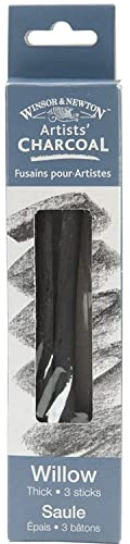 Winsor & Newton 7005171 Natural Charcoal Zeichenkohle aus Weidenholz, deckende Zeichenkohle in Künstlerqualität ideal für Kohlezeichnungen mit hohen Kontrasten - Dick, 3 Stück, Grau