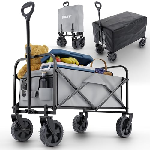 ONBEST Bollerwagen faltbar - Plus Regenschutz - Faltbollerwagen - Bollerwagen Für viele Anwendungen - Outdoor - klappbarer Transportwagen klappbar (Grau)