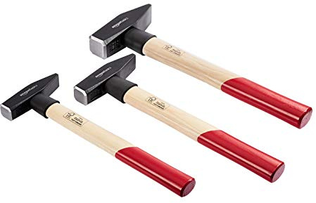 Amazon Basics Schlosserhammer-Set, Stiel aus Hickoryholz, 3 Teile, 300 g, 500 g, 1000 g, Schwarz