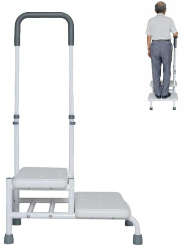 Kensbro 2 Treppenstufen Trittstufe, Badewannenstufe mit Haltegriff, Tritthocker mit Griff 5-Stufige Höhenverstellung, Tragkraft Bis 350kg, Senioren rutschfest Haushaltstritt für Küche, Badezimmer