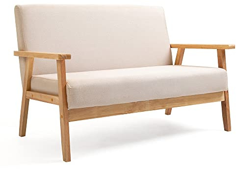 Mingone 2 Sitzer Sofa Gepolstert Skandinavisch Massivholz Weiß | Leinenstoff, Für Wohnzimmer Schlafzimmer, Bis 250kg Belastbar
