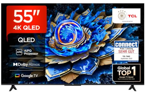 TCL 55T69C 55 Zoll QLED, Direct LED TV, 4K HDR TV, Smart Google TV (Dolby Vision & Atmos, Game Master, Motion Clarity, Kompatibel mit Google Assistant & Alexa)