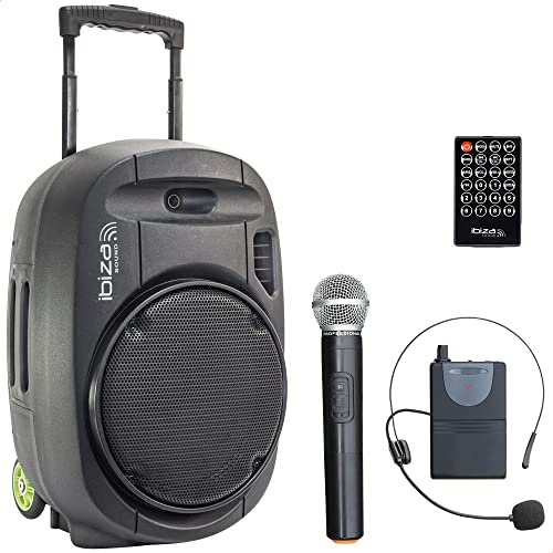PORT12VHF-MKII - IBIZA - Tragbarer Lautsprecher (12/700W MAX) mit 2 Mikrofonen (VHF), Fernbedienung und Zubehörtasche - Bluetooth, USB, SD - 5-7 Std. Wiedergabezeit.