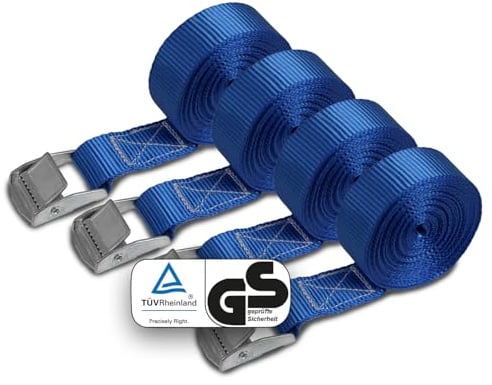 Spanngurte Zurrgurt | TÜV geprüft | Spanngurt Befestigungsgurt mit Klemmverschluss | Blau | Belastbar bis 250 kg | Diverse Längen Stückzahlen - 4er Pack 2.5 cm x 4 m