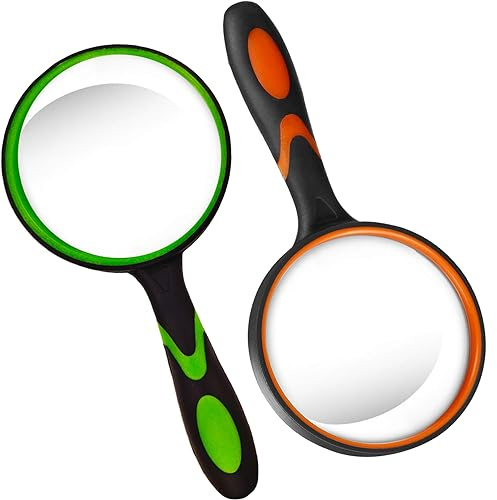 2PCS Lupe Groß 80mm, Handlupe 10X Echtglas-Lupe für Senioren, Weicher Hand-Schaft Lupen Buchlesen, Insekten- und Hobbybeobachtung, Unterrichtswissenschaft (Grün und Orange)