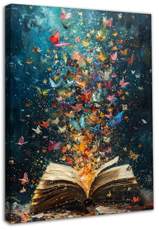 Dazzlewall Gerahmte Bunte Schmetterling Buch Wandkunst, Vintage Ästhetik Bibliothek Poster für Lesezimmer Wohnzimmer Dekor 12x16 zoll