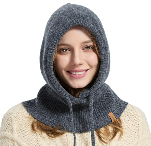 ACUSHLA Sturmhaube aus 100% Merinowolle, für Damen und Herren, Winter, warm, gestrickt, mit Kapuze, Mütze, Schal und Schal, Braun, Einheitsgröße (Dunkelgrau)
