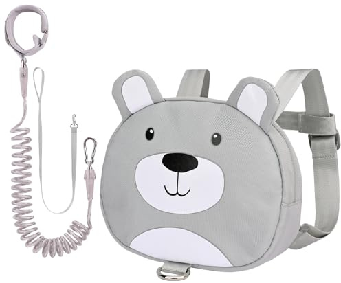 Bebamour Tier-Kleinkind-Rucksack mit Sicherheitszügeln, Mini-Tasche mit Sicherheitsleine für Kinder,tragbarer Rucksack,Grey Bears