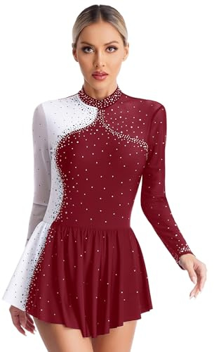 CHICTRY Eiskunstlauf Kleid Damen Langarm Glitzer Strass Akrobatik Kleid Stehkragen Rollschuhkleid Farbblock Spleiß Ballettkleid Tanzkleid Wettbewerb Tanzkostüm Burgundy M