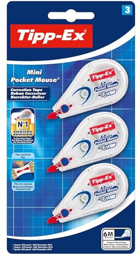 Tipp-Ex Korrekturroller Mini Pocket Mouse, 6m x 5mm, 3er Pack, Ideal für das Büro, das Home Office oder die Schule